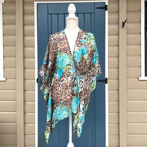 Ania.A 100% Silk Leopard Print Kimono Top with Blue Floral Accents Women’s OS